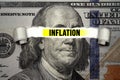 Torn bills revealing Inflation words. Idea for FED consider interest rate hike, world economics and inflation control, US dollar i Royalty Free Stock Photo