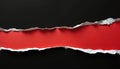 Torn black paper reveals bright red background. Jagged ripped edge has rough texture. Blank space for text or graphic design Royalty Free Stock Photo