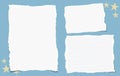 Torn blank and lined note, notebook paper pieces for text stuck on blue square background. Vector illustration.