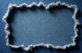 Torn blue jeans fabric forms a frame with frayed edges on a denim background. This textured material offers a copy space for Royalty Free Stock Photo