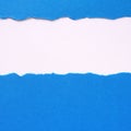 Torn blue paper strip untidy edge border frame square