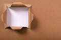 Torn brown paper square hole white background frame copy space