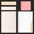 Torn colorful empty lined note, notebook paper strips for text stuck on black background with stars pattern. Vector