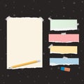 Torn colorful empty note, notebook paper strips for text stuck on black background with stars pattern. Vector