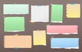 Torn colorful note, notebook paper pieces for text stuck with sticky tape on dark brown background. Vector illustration.