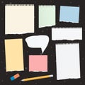 Torn colorful and white empty note, notebook paper for text stuck on black background with stars pattern. Vector