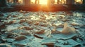 Torn contract papers scattered across floor, symbolizing chaos and disarray. warm sunlight filters through window