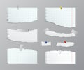 Torn copybook paper sheets with pins. Vector illustration.