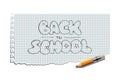 Torn copybook sheet with Back to school text and realistic pencil. Vector illustration.