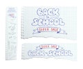 Torn copybook sheets with pen hand drawn Back to School Super Sale text. Vector illustration.