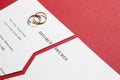 Torn divorce decree with rings on color background Royalty Free Stock Photo