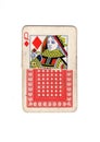 A torn half of a vintage playing card showing the front and back of a queen of diamonds. Royalty Free Stock Photo
