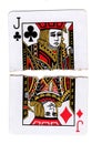 Torn halves of a jack of clubs and a jack of diamonds playing cards.