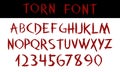 TORN. Hand written display red font calligraphy. ABC. Scratched decorative colored Vector alphabet and numbers. Claw cuts