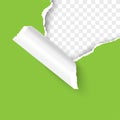 Paper corner torn hole corner of paper sheet with paper curl isolated on transparent background realistic vector Royalty Free Stock Photo
