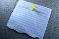 Torn lined note paper with date and theme fields pinned on gray styrofoam surface Royalty Free Stock Photo