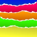 Torn lower right part of the sheet of bright colors, blue, red, yellow, green, bright orange paper. Royalty Free Stock Photo