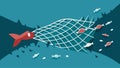 A torn net with bits of data escaping through the holes like fish.. Vector illustration.