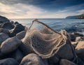 A torn net tangled around jagged rocks on a shoreline, representing entrapment and failed attempts