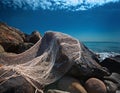 A torn net tangled around jagged rocks on a shoreline, representing entrapment and failed attempts