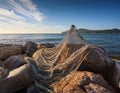 A torn net tangled around jagged rocks on a shoreline, representing entrapment and failed attempts