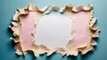 Torn paper border revealing a blue background with scattered edges on a wooden surface in a creative setup Royalty Free Stock Photo