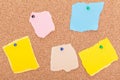 Torn paper notes pushpins cork board Royalty Free Stock Photo