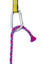 Torn red rope in a carabiner with quickdraw Royalty Free Stock Photo