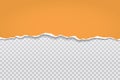 Torn, ripped piece of horizontal orange paper with soft shadow is on squared grey background for text. Vector