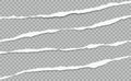 Torn, ripped white horizontal paper strips with soft shadow are on grey squared background. Vector template illustration