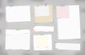 Torn ruled, blank, squared note, notebook, copybook paper strips, sheets stuck with colorful sticky tape on gray Royalty Free Stock Photo