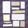 Torn ruled note, notebook, copybook paper strips, sheets stuck with sticky tape on dark purple background. Royalty Free Stock Photo