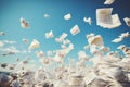 Papers swirling in the sky above a vast landscape on a windy day. Generative AI Royalty Free Stock Photo
