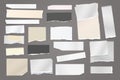 Torn white and brown note, notebook paper strips and pieces stuck on dark grey background. Vector illustration Royalty Free Stock Photo