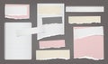 Set of torn white and colorful note, notebook paper strips and pieces stuck on dark grey background. Vector illustration Royalty Free Stock Photo