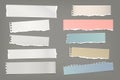 Torn of white and colorful note, notebook paper strips and pieces stuck on dark grey background. Vector illustration Royalty Free Stock Photo