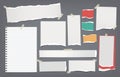Torn white, colorful note, notebook paper strips and pieces stuck with sticky tape on dark grey background. Vector Royalty Free Stock Photo
