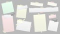 Torn white and colorful note, notebook paper strips stuck with sticky tape on dark grey background. Vector illustration Royalty Free Stock Photo