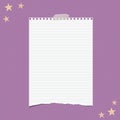 Torn white lined note, notebook paper sheet for text, stuck on squared violet background with stars on corners. Vector Royalty Free Stock Photo