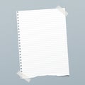 Torn white lined note, notebook paper sheet for text stuck with sticky tape on blue squared background Royalty Free Stock Photo