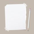 Torn white lined note, notebook paper sheet for text stuck with sticky tape on brown squared background with pencil Royalty Free Stock Photo
