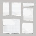 Torn white, lined note, notebook paper strips stuck on grey background. Vector illustration Royalty Free Stock Photo