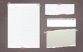 Torn white lined note paper pieces, notebook sheet for text stuck on brown background. Vector illustration.