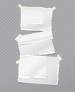 Torn white note, notebook paper strips stuck with sticky tape on dark grey background. Vector illustration Royalty Free Stock Photo