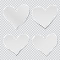 Torn of white paper hearts for note with soft shadownote stuck on squared background. Vector illustration