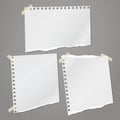 Torn white, squared and lined note, notebook paper pieces stuck with sticky tape on dark grey background. Vector illustration Royalty Free Stock Photo