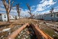 Tornado aftermath revealing destroyed mobile homes, broken trees, and scattered debris under a blue sky Royalty Free Stock Photo