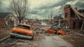 Tornado aftermath in small town with overturned vehicles and devastated buildings Royalty Free Stock Photo