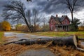 Tornado aftermath, a striking image showing the aftermath of a tornado with uprooted trees, damaged structures Royalty Free Stock Photo