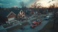Tornado aftermath in suburban neighborhood with emergency response vehicles Royalty Free Stock Photo